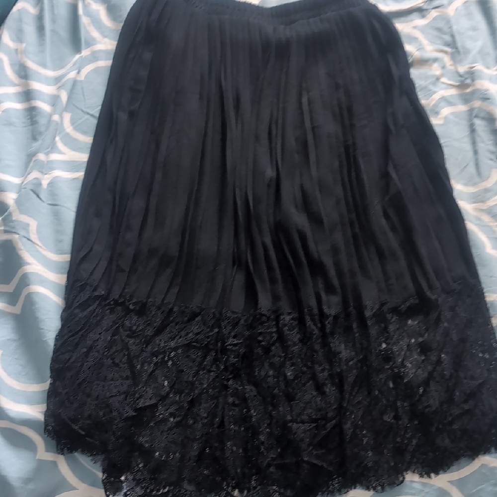 Adiva Black A-Line Skirt with Lace Hem Midi